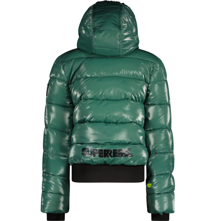 FUNK GIRLS METALLIC BOMBER JACKET, FUR IN HOOD, ELASTIC TAPE