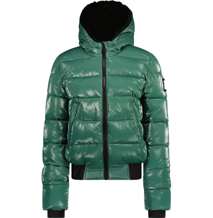 FUNK GIRLS METALLIC BOMBER JACKET, FUR IN HOOD, ELASTIC TAPE