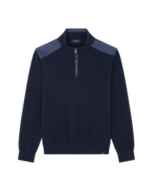 Denim details Fresco cotton half zip sweater