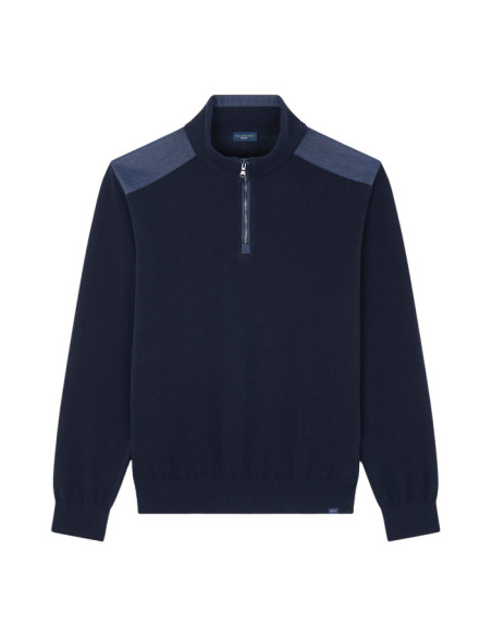 Denim details Fresco cotton half zip sweater