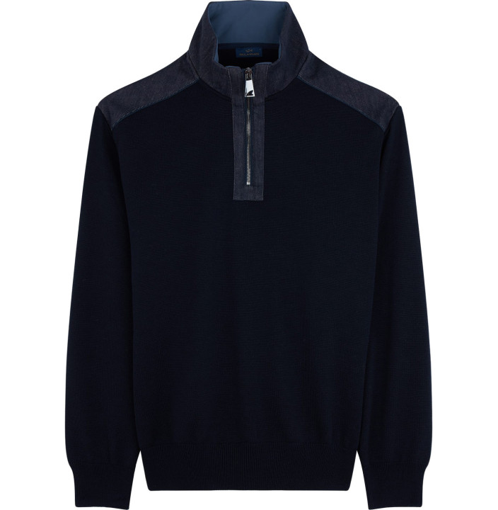 MAGLIA HALF ZIP IN LANA COOL TOUCH CON DETTAGLI DENIM