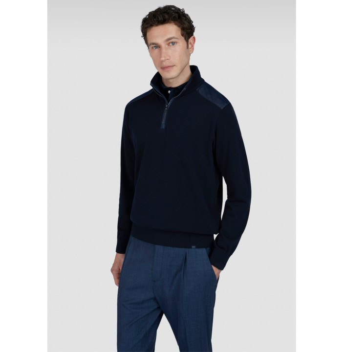 Denim details Fresco cotton half zip sweater