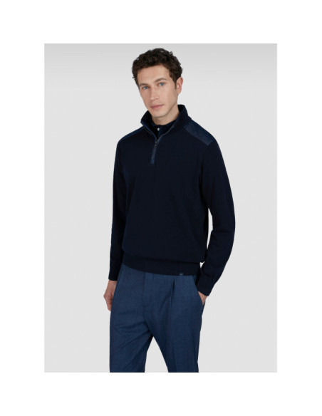 Denim details Fresco cotton half zip sweater