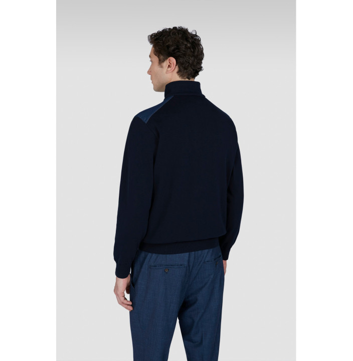 Denim details Fresco cotton half zip sweater