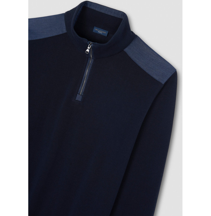 Denim details Fresco cotton half zip sweater