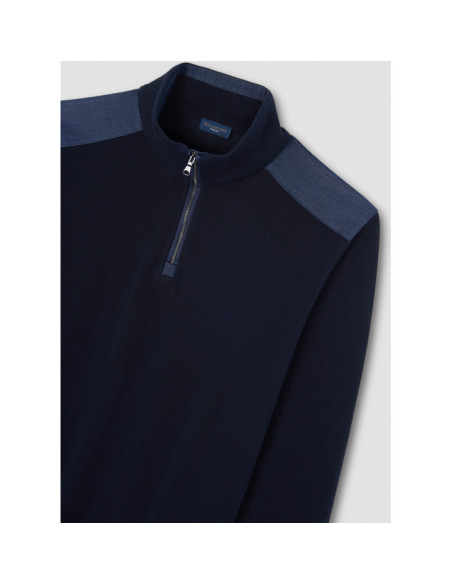 Denim details Fresco cotton half zip sweater