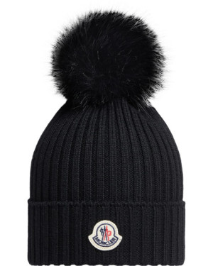 WOOL BEANIE WITH FAUX FUR POM POM