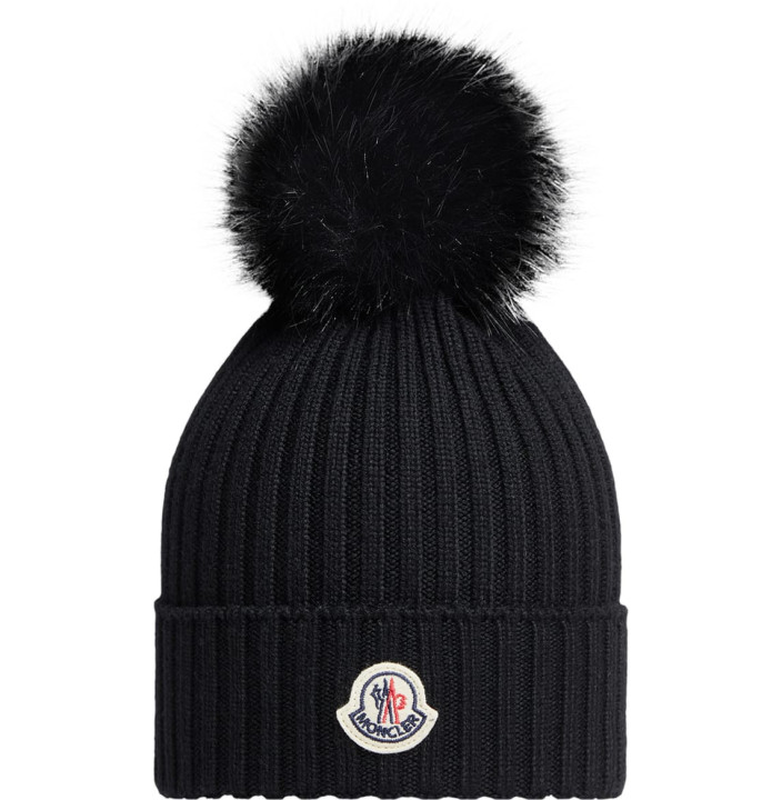 WOOL BEANIE WITH FAUX FUR POM POM