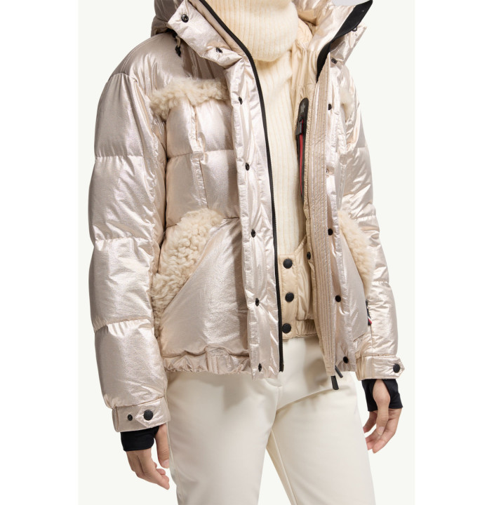 MONDIM METALLIC SHEARLING-TRIMMED HOODED DOWN SKI JACKET