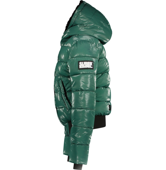 FUNK GIRLS METALLIC BOMBER JACKET, FUR IN HOOD, ELASTIC TAPE