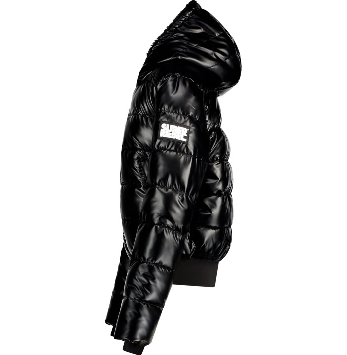 FUNK GIRLS METALLIC BOMBER JACKET, FUR IN HOOD, ELASTIC TAPE