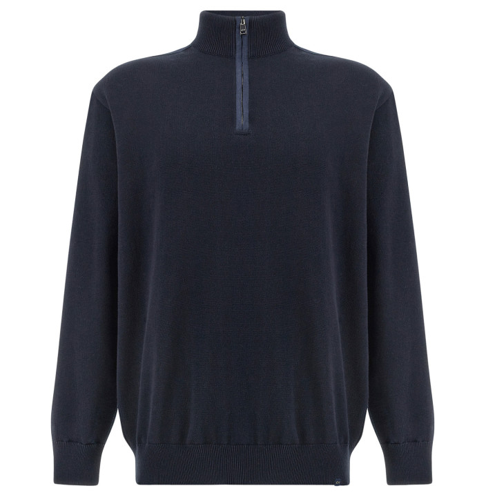 FRESCO COTTON HALF ZIP SWEATER WITH LINEN DETAILS