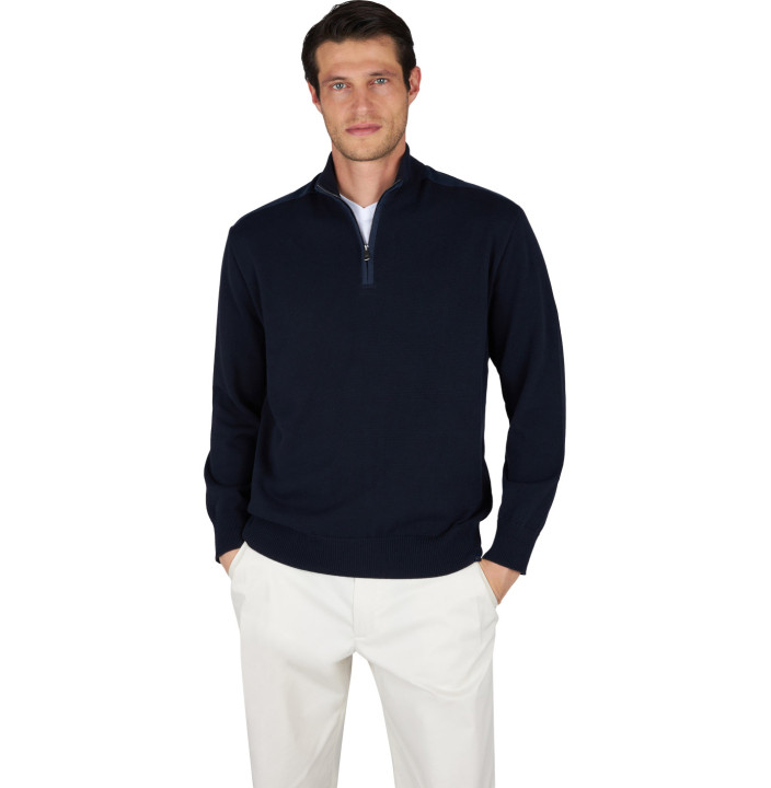 FRESCO COTTON HALF ZIP SWEATER WITH LINEN DETAILS