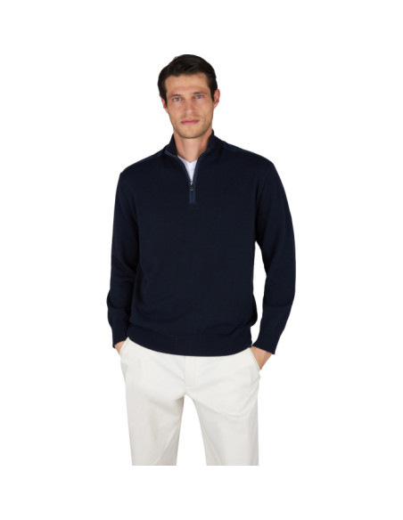 FRESCO COTTON HALF ZIP SWEATER WITH LINEN DETAILS