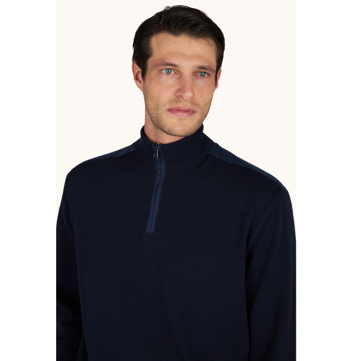 FRESCO COTTON HALF ZIP SWEATER WITH LINEN DETAILS