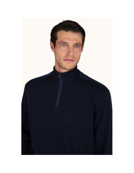 FRESCO COTTON HALF ZIP SWEATER WITH LINEN DETAILS