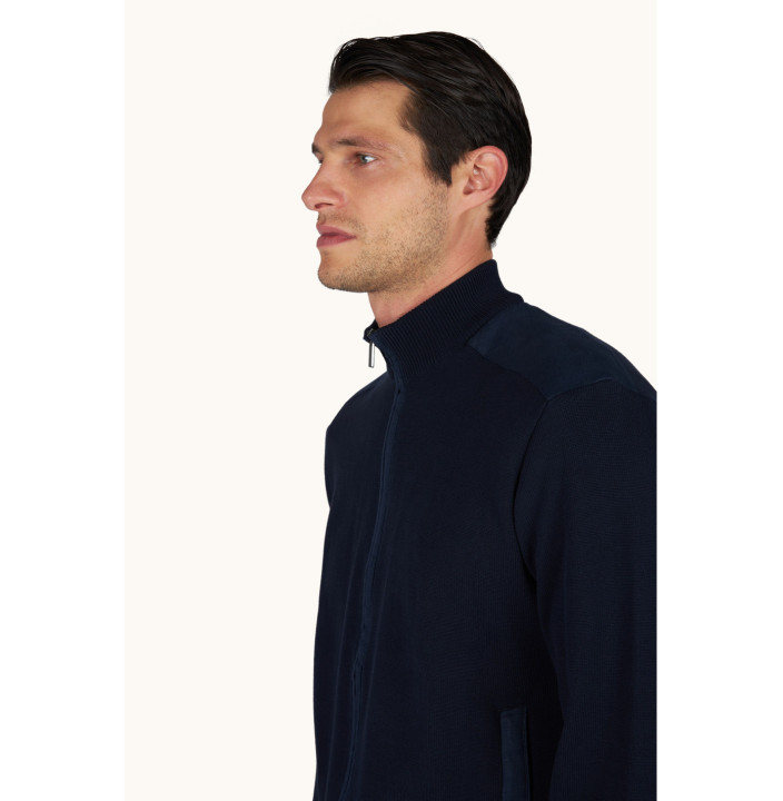 FRESCO COTTON FULL ZIP SWEATER WITH LINEN DETAILS