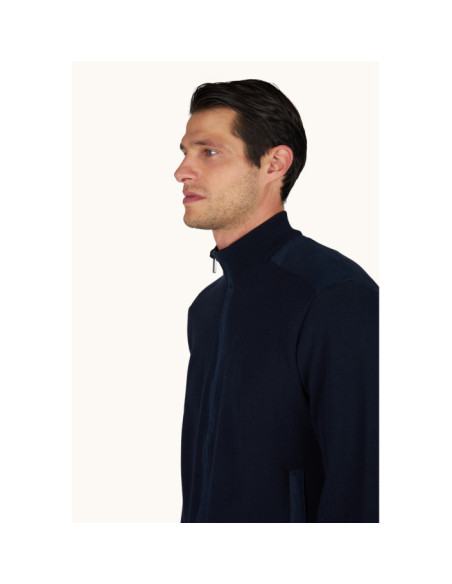 FRESCO COTTON FULL ZIP SWEATER WITH LINEN DETAILS