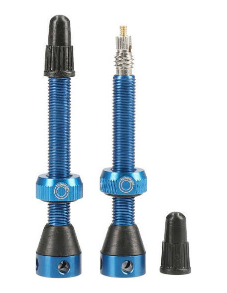 TUBELESS ALUM VALVE. 50MM BLUE SIDE HOLES (PAIR)