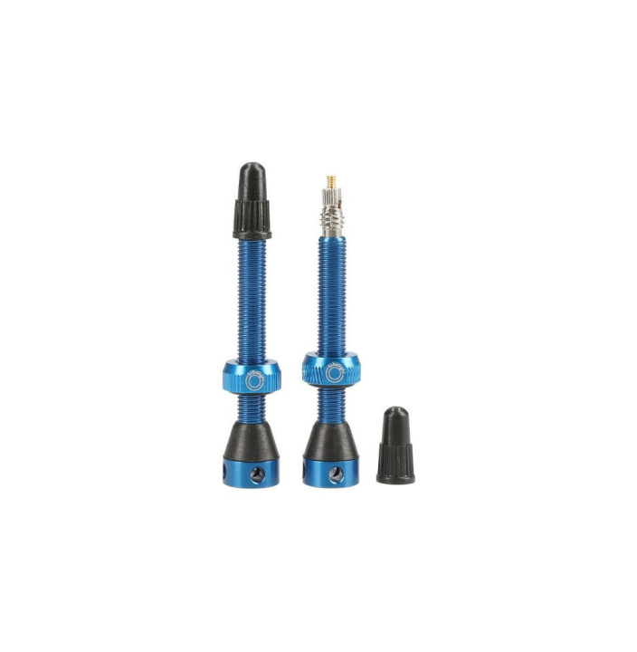 TUBELESS ALUM VALVE. 50MM BLUE SIDE HOLES (PAIR)
